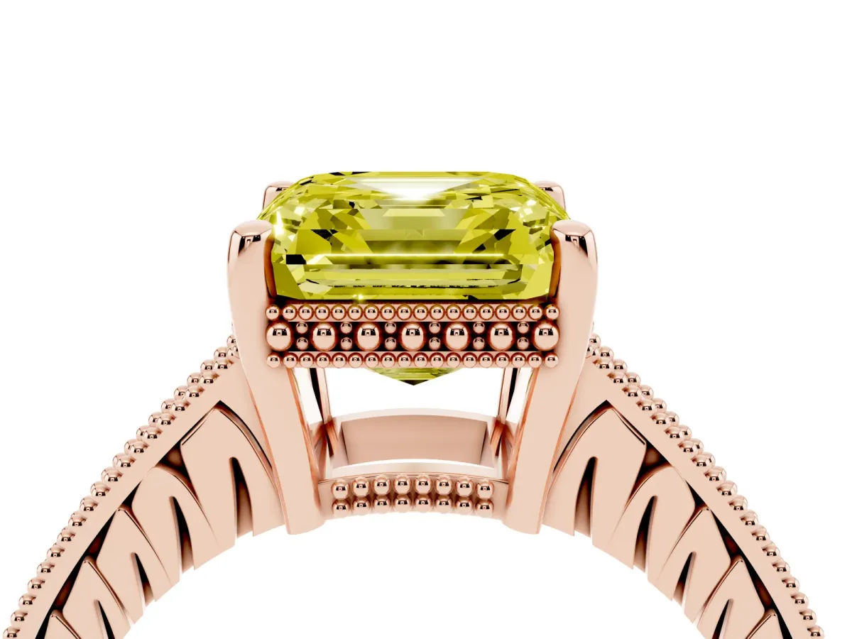 Fancy Yellow Asscher Cut Solitaire Pavé Diamond Milgrain Engagement Ring with Four-Prong Setting Rose gold