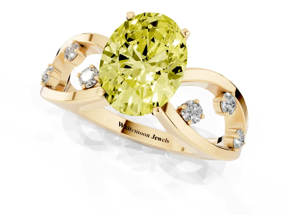 Fancy Yellow Oval Cut Cut Solitaire Diamond with Side Stones on Criss-Cross Band and Four-Prong Setting Yellow gold