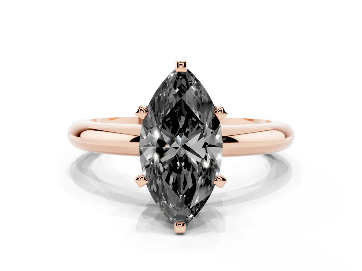 Fancy Black Marquise Cut Diamond Solitaire Engagement Ring with Round Band and Four-Prong Setting Rose gold