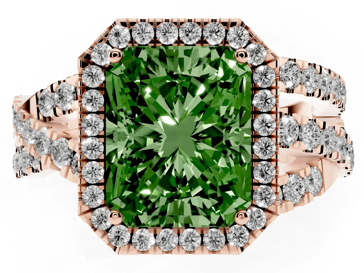 Fancy Green Radiant Cut Diamond Halo Ring with Round Split Shank and Prong Setting Rose gold