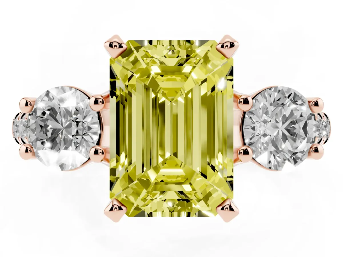 Fancy Yellow Three-Stone Emerald Cut Diamond Pavé Band with Four-Prong Setting Rose gold