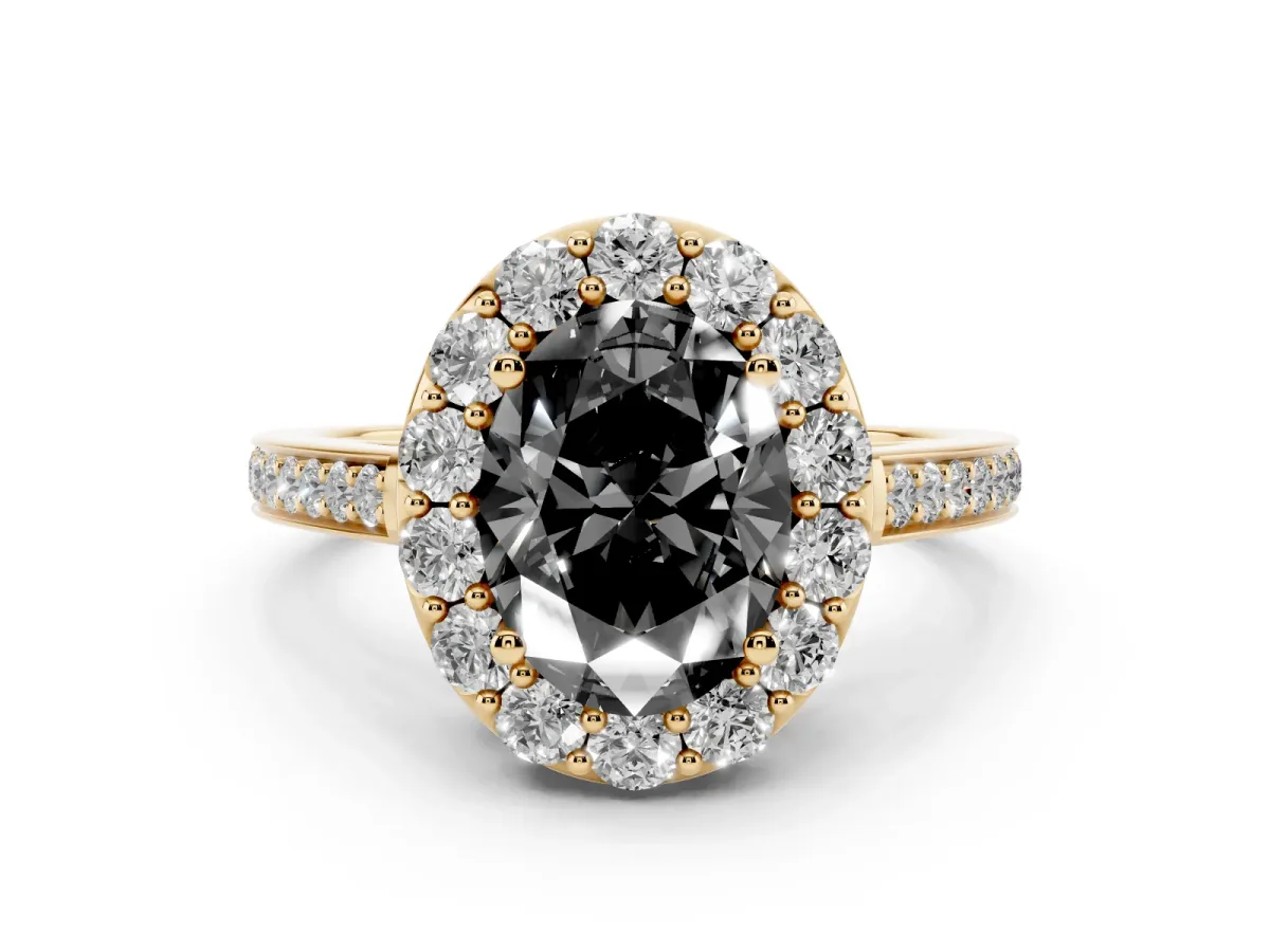 Fancy Black Oval Cut Diamond Floral Halo Ring with Pavé Band and Prong Setting Yellow gold