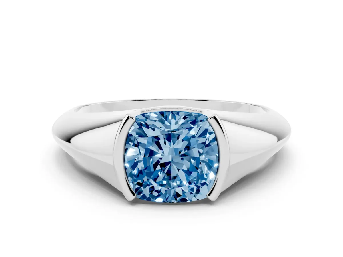 Fancy Blue Cushion Cut Solitaire Tension Set Diamond Ring Silver