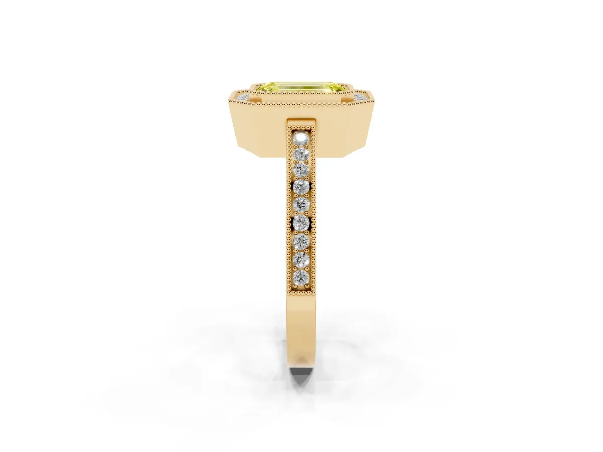 Fancy Yellow Emerald Cut Cut Halo Diamond Ring with Pavé Band and Milgrain Prong Setting Yellow gold