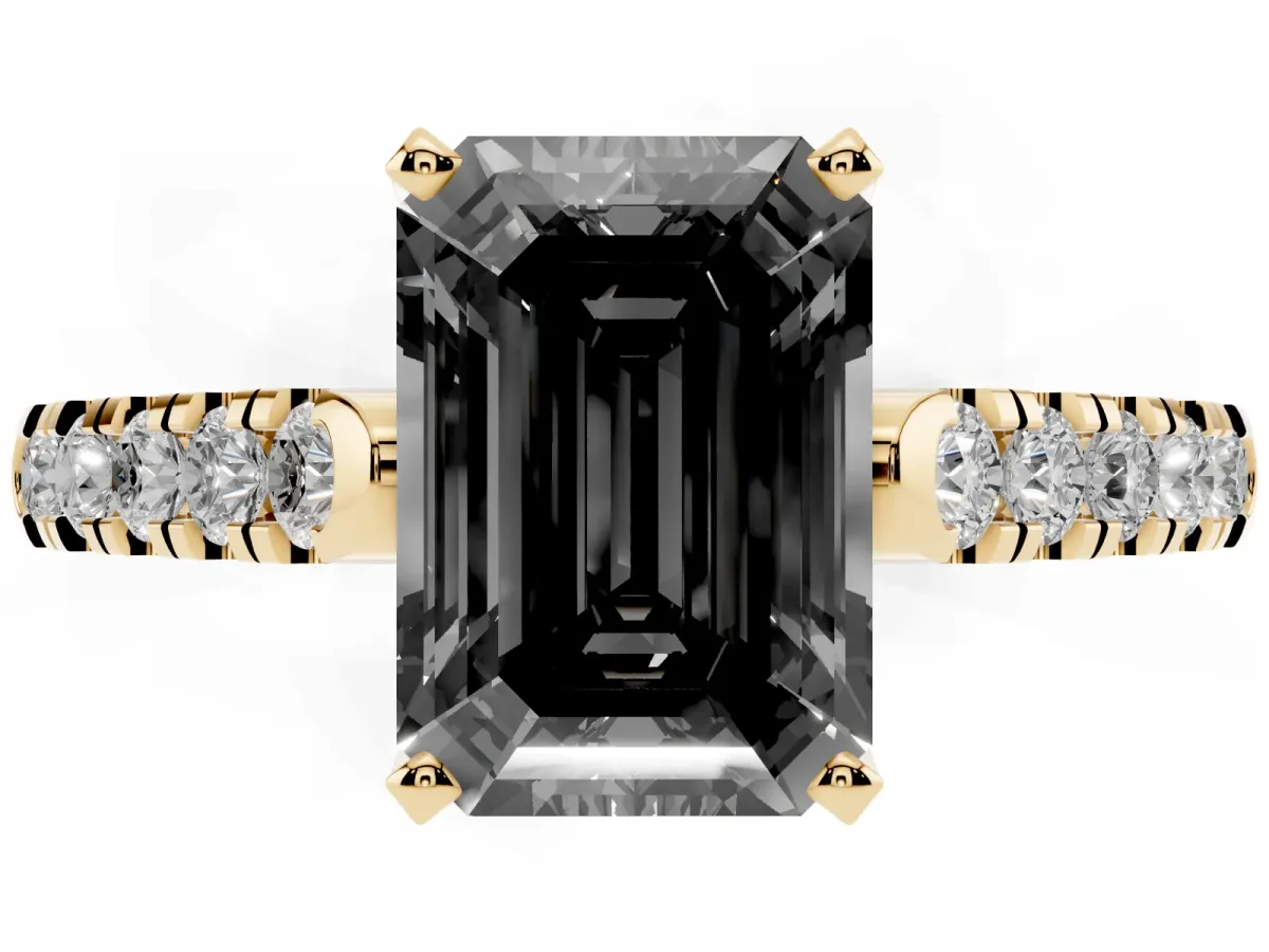 Fancy Black Emerald Cut Diamond Pavé Band Solitaire Ring with Prong Setting Yellow gold