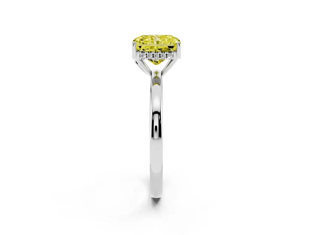 Fancy Yellow Radiant Cut Solitaire Diamond Ring with Prong Setting and Plain Band Platinum