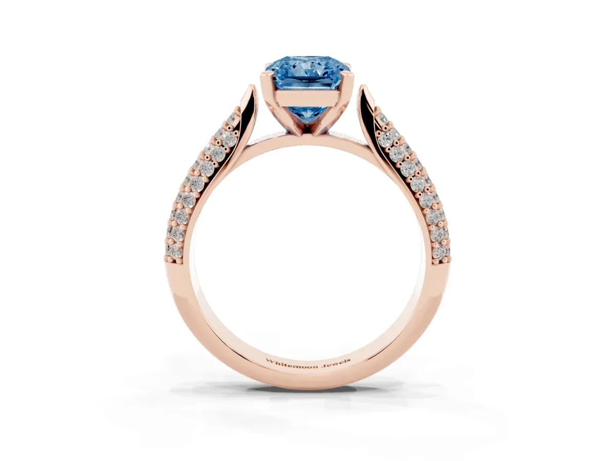 Fancy Blue Radiant Cut Diamond Solitaire Engagement Ring with Multi-Row Round Pavé Band and Prong Setting Rose gold