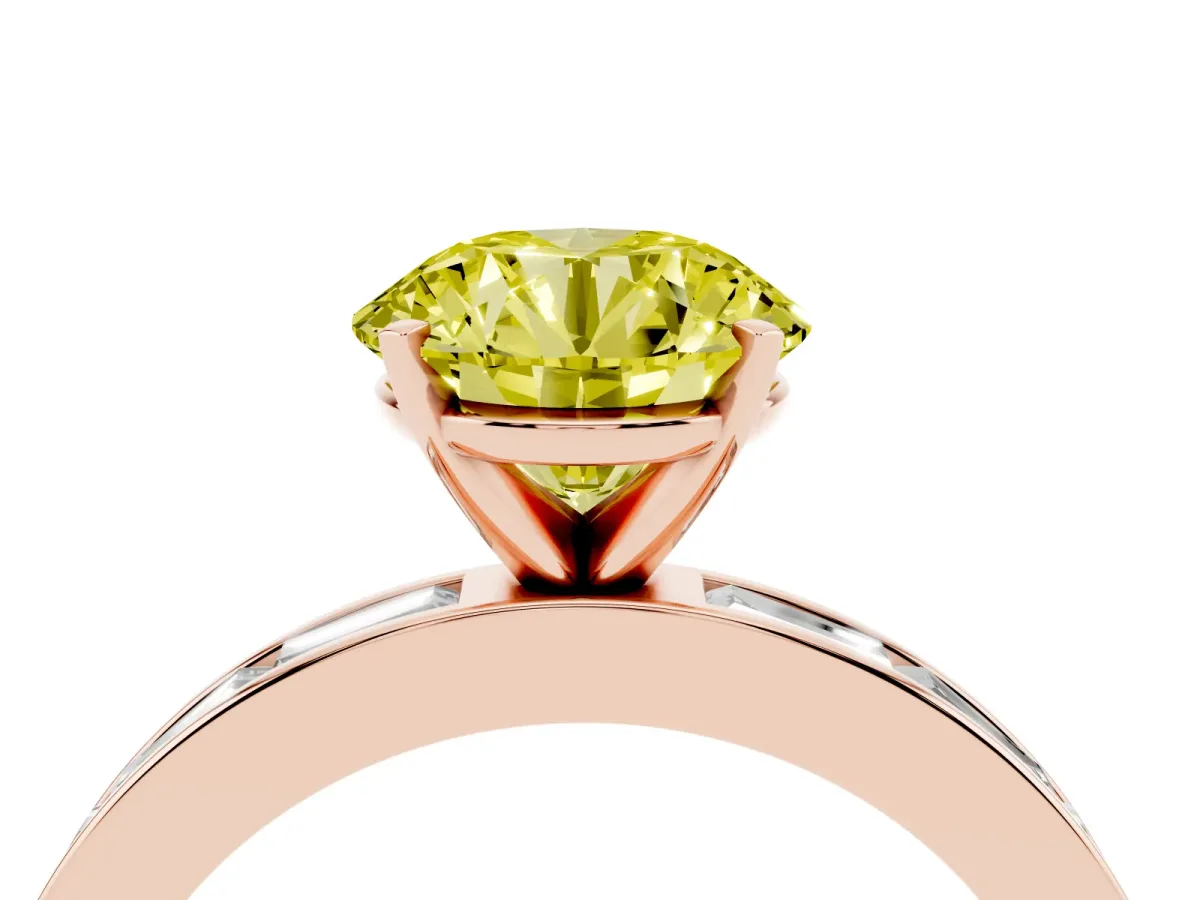 Fancy Yellow Round Cut Solitaire Diamond Ring with Channel-Set Baguette Band and Four-Prong Setting Rose gold