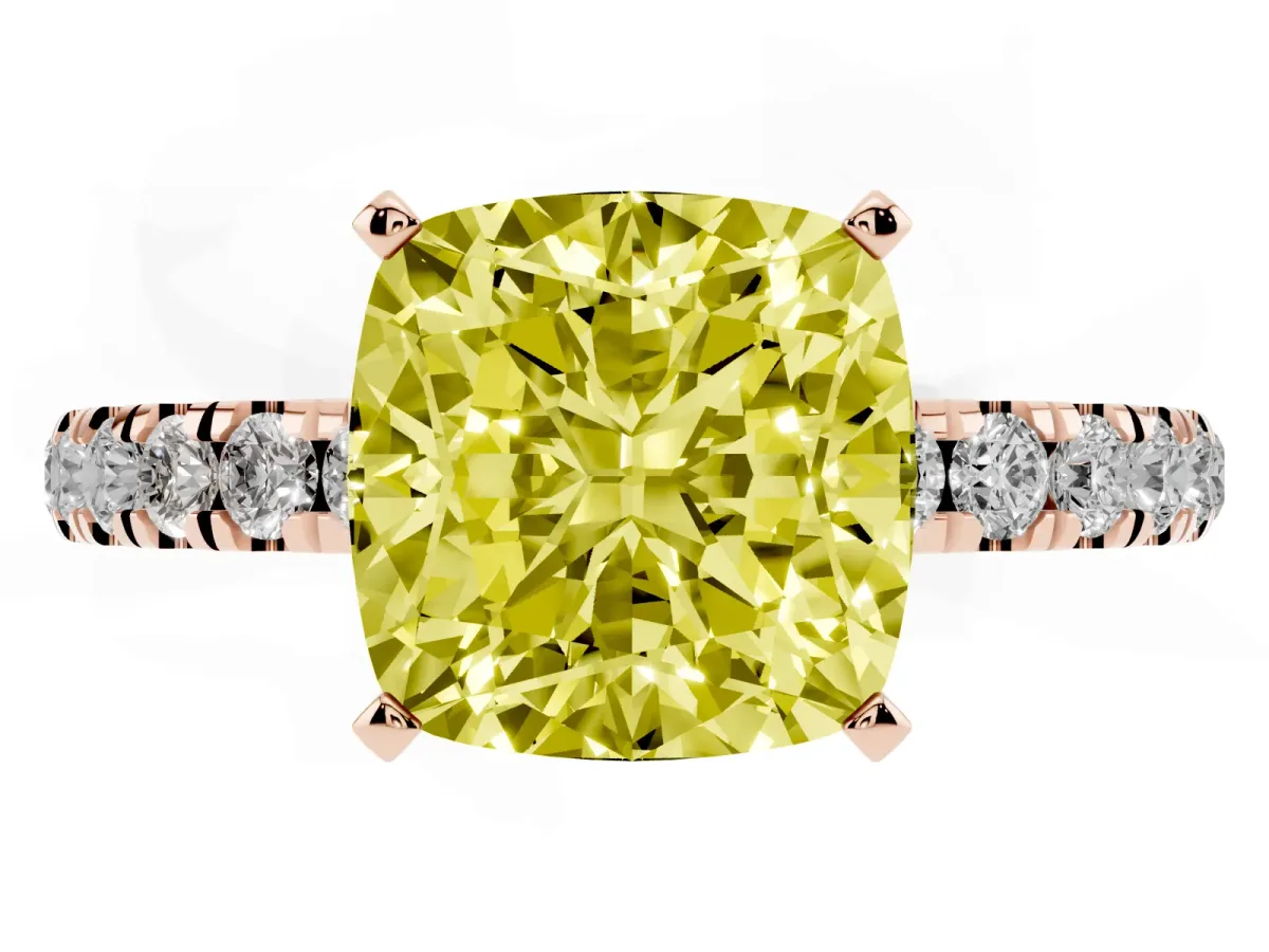 Fancy Yellow Cushion Cut Diamond Solitaire Ring with Pavé Accents and Four-Prong Setting Rose gold