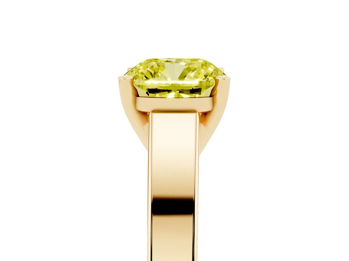 Fancy Yellow Cushion Cut Solitaire Engagement Ring with Four-Prong Setting and Tapered Band Yellow gold