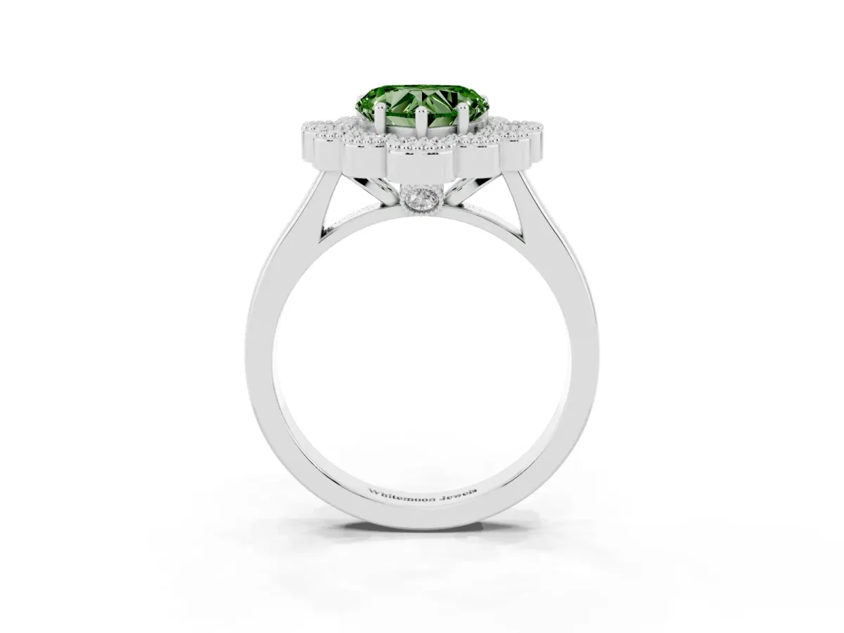 Fancy Green Heart Cut Halo Diamond Cluster Engagement Ring with Milgrain Bezel Setting and Solitaire Band White gold