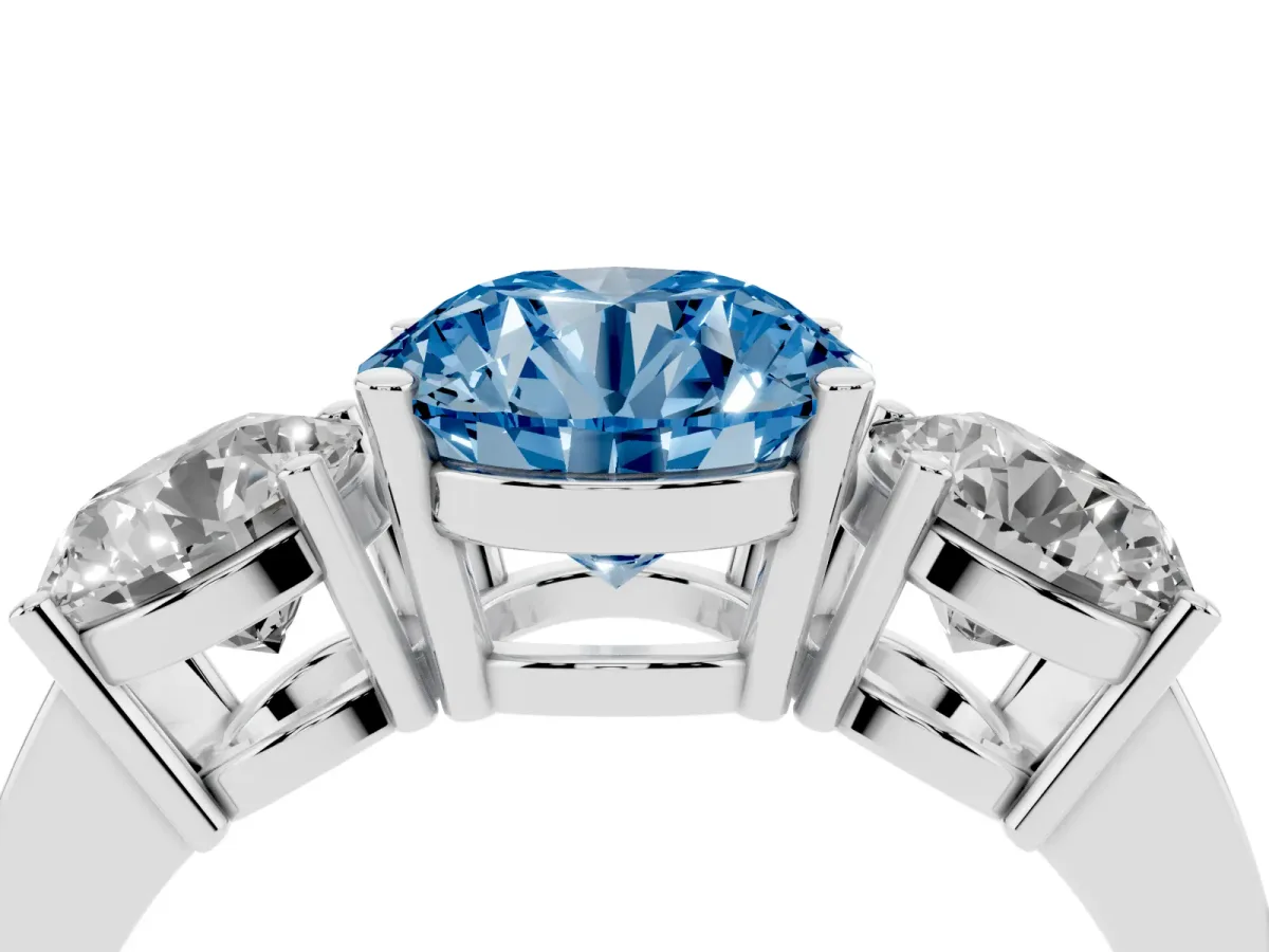 Fancy Blue Three-Stone Round Cut Cut Diamond Engagement Ring with Flat Band and Four-Prong Setting Silver