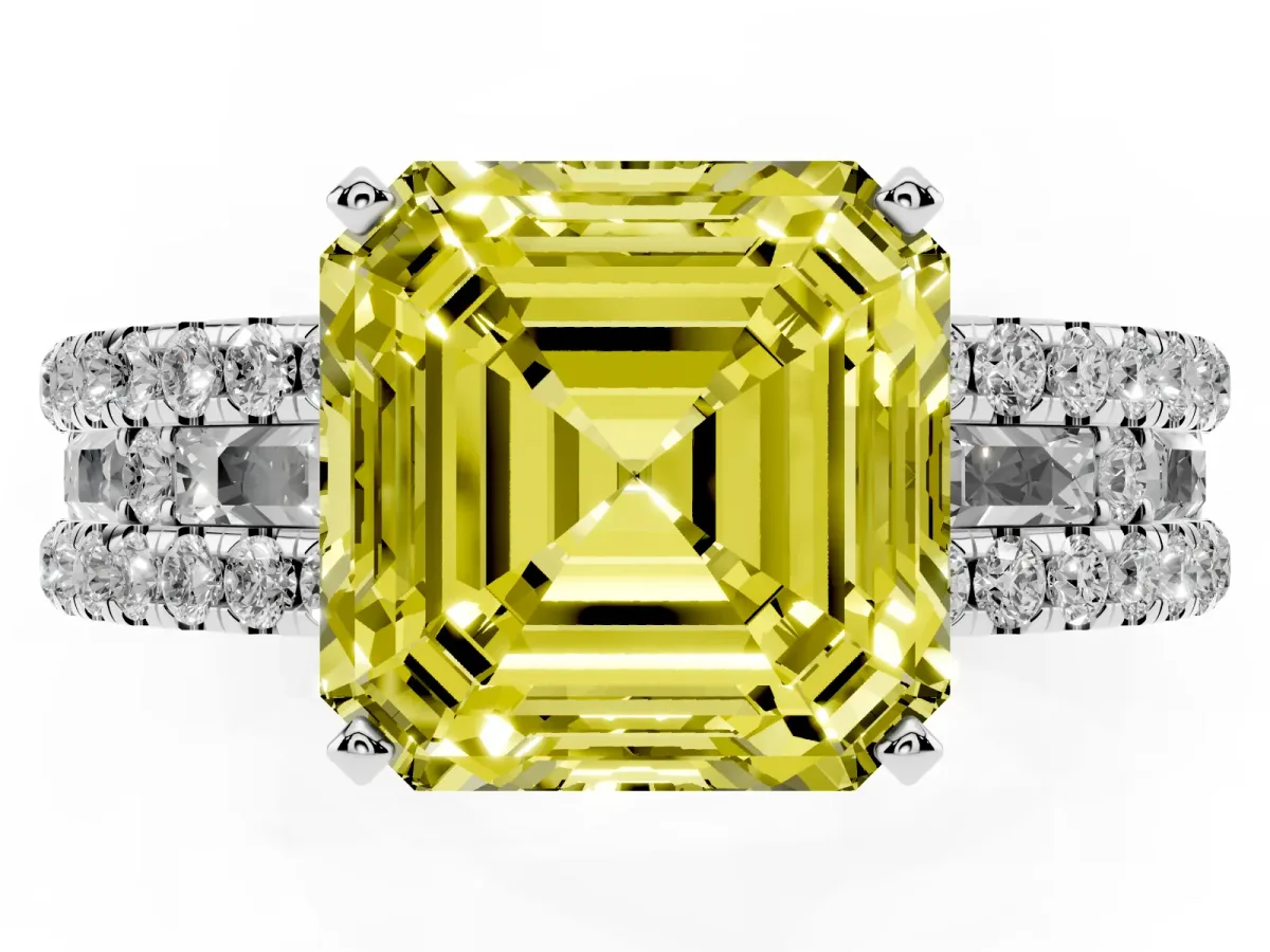 Fancy Yellow Asscher Cut Diamond Solitaire Ring with Pavé and Channel Set Band Silver