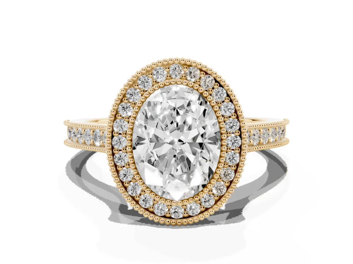 Halo Oval Cut-Cut Diamond Pave Band Milgrain Prong Setting Ring Yellow gold