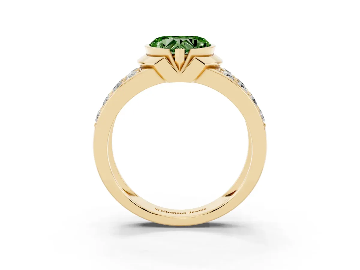 Fancy Green Heart Cut Brilliant Diamond Channel Set Wide Band Ring with Bezel Setting Yellow gold