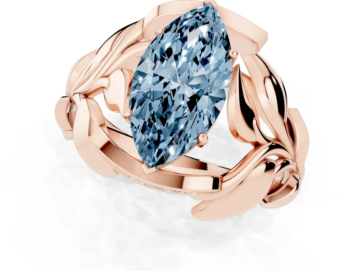 Fancy Blue Marquise Cut Diamond Leaf-Inspired Engagement Ring with Round Accents and Prong Setting Rose gold