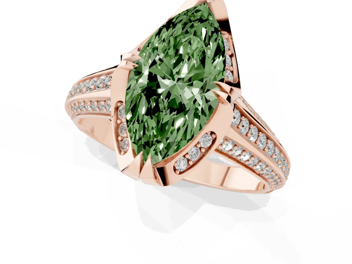 Fancy Green Marquise Cut Solitaire Pave Split Shank Ring with Four-Prong Setting Rose gold