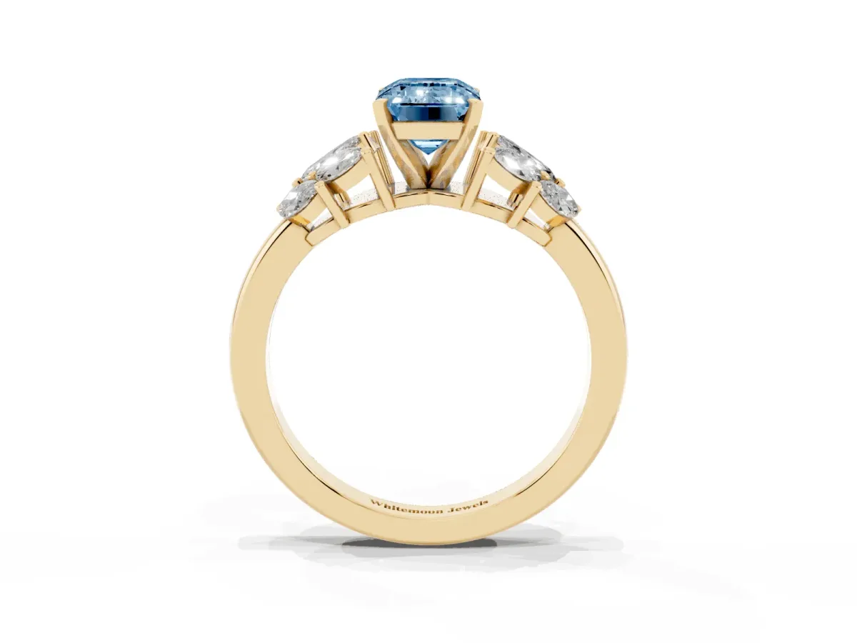 Fancy Blue Emerald Cut Diamond Cluster Leaf Design Ring with Prong Setting Yellow gold