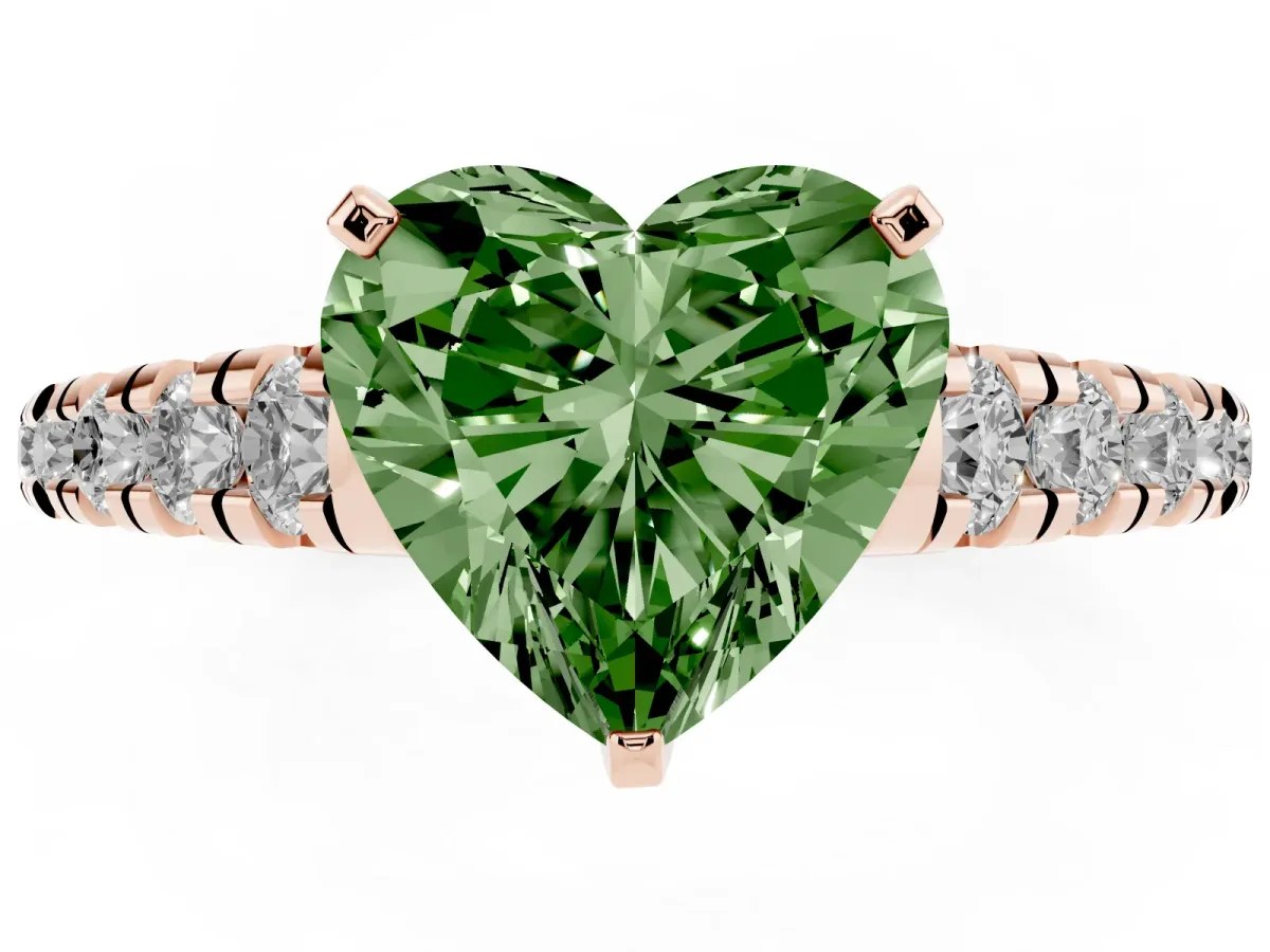 Fancy Green Heart Cut Diamond Cathedral Solitaire Ring with Round Pavé Band Rose gold