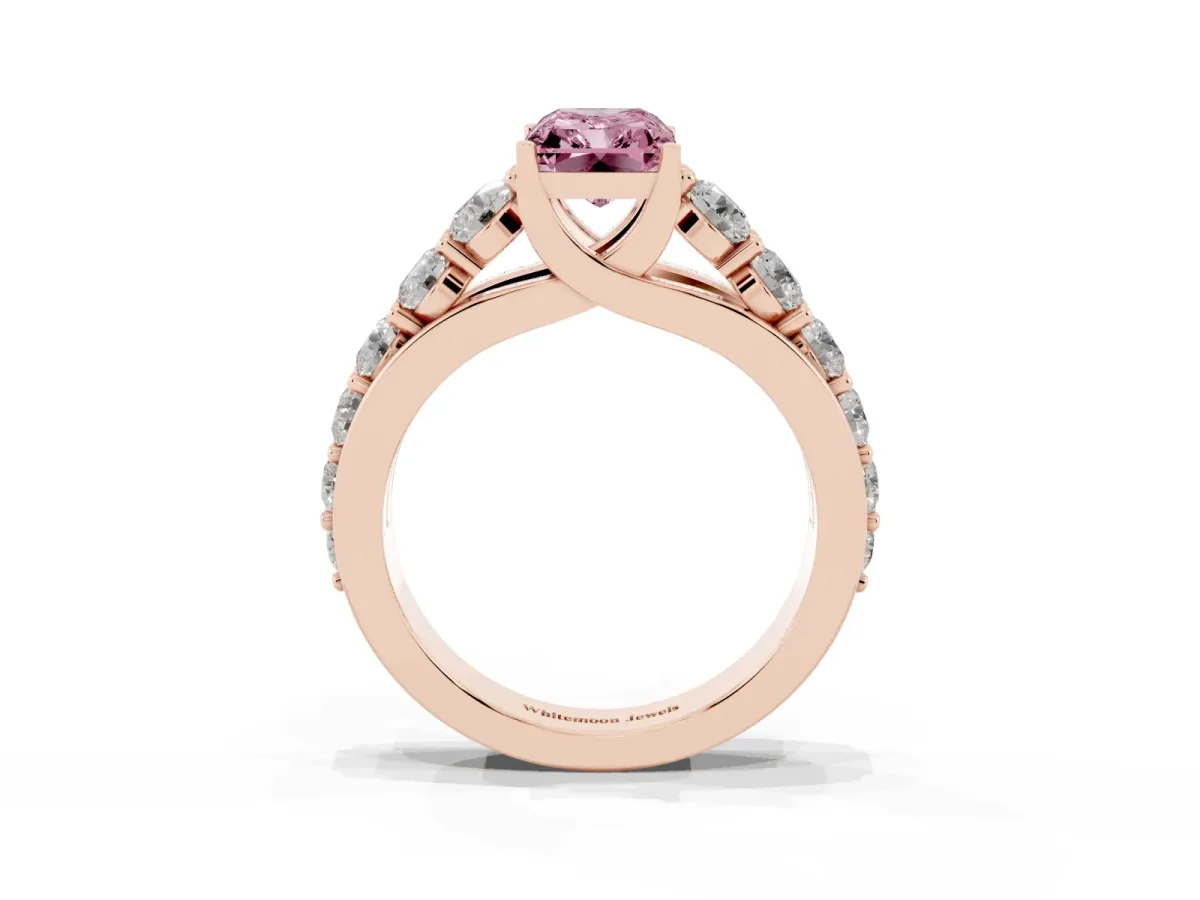 Fancy Pink Radiant Cut Diamond Engagement Ring with Pavé Band and Four-Prong Setting Rose gold