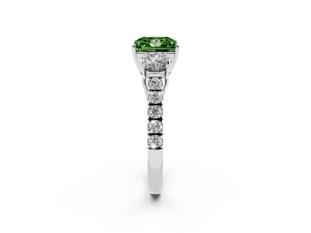 Fancy Green Princess Cut Cut Diamond Three-Stone Ring with Round Side Stones and Pavé Band Silver