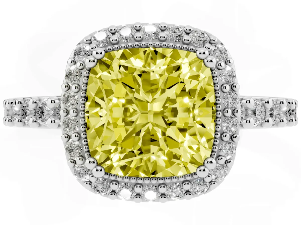 Fancy Yellow Cushion Cut Cut Diamond Halo Engagement Ring with Milgrain Detail and Pavé Band Platinum