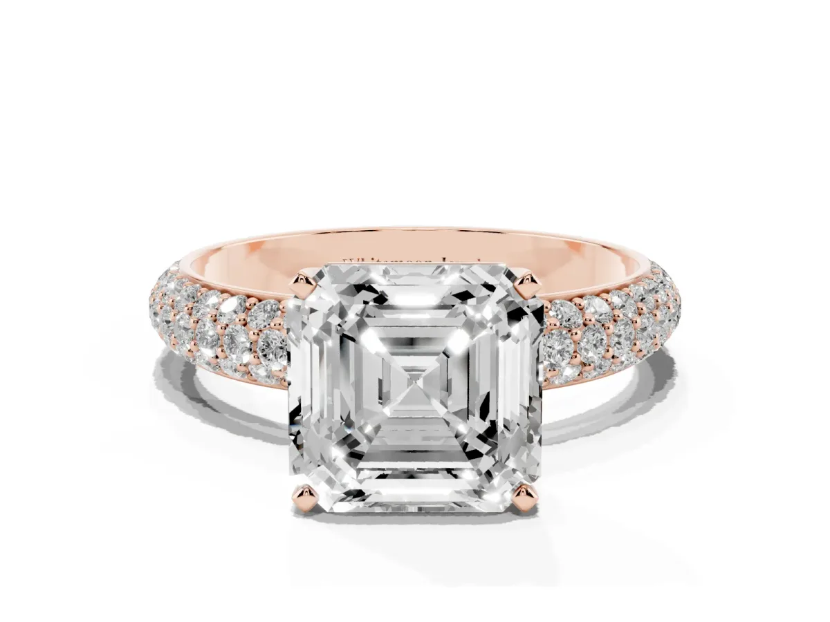 Asscher Cut Diamond Solitaire Ring with Prong Setting and Pavé Band Rose gold