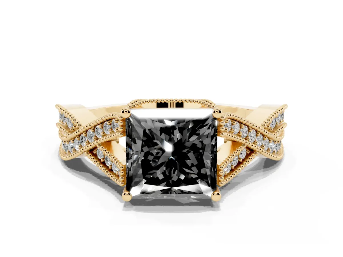 Fancy Black Princess Cut Cut Diamond Twisted Band with Milgrain Pave Setting and Four-Prong Setting Yellow gold