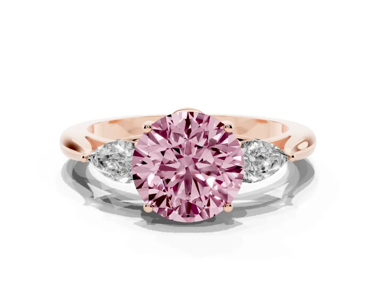 Fancy Pink Round Cut Diamond Three-Stone Ring with Pear Side Stones and Prong Setting Rose gold
