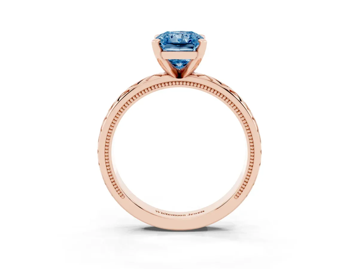 Fancy Blue Radiant Cut Solitaire Diamond Ring with Milgrain and Black Enamel X Pattern Band Rose gold