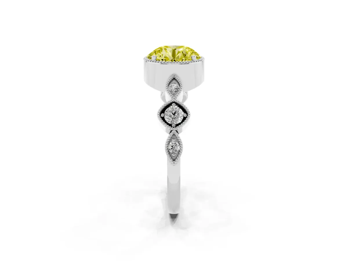 Fancy Yellow Round Cut Diamond Vintage Milgrain Ring with Round Stations Platinum