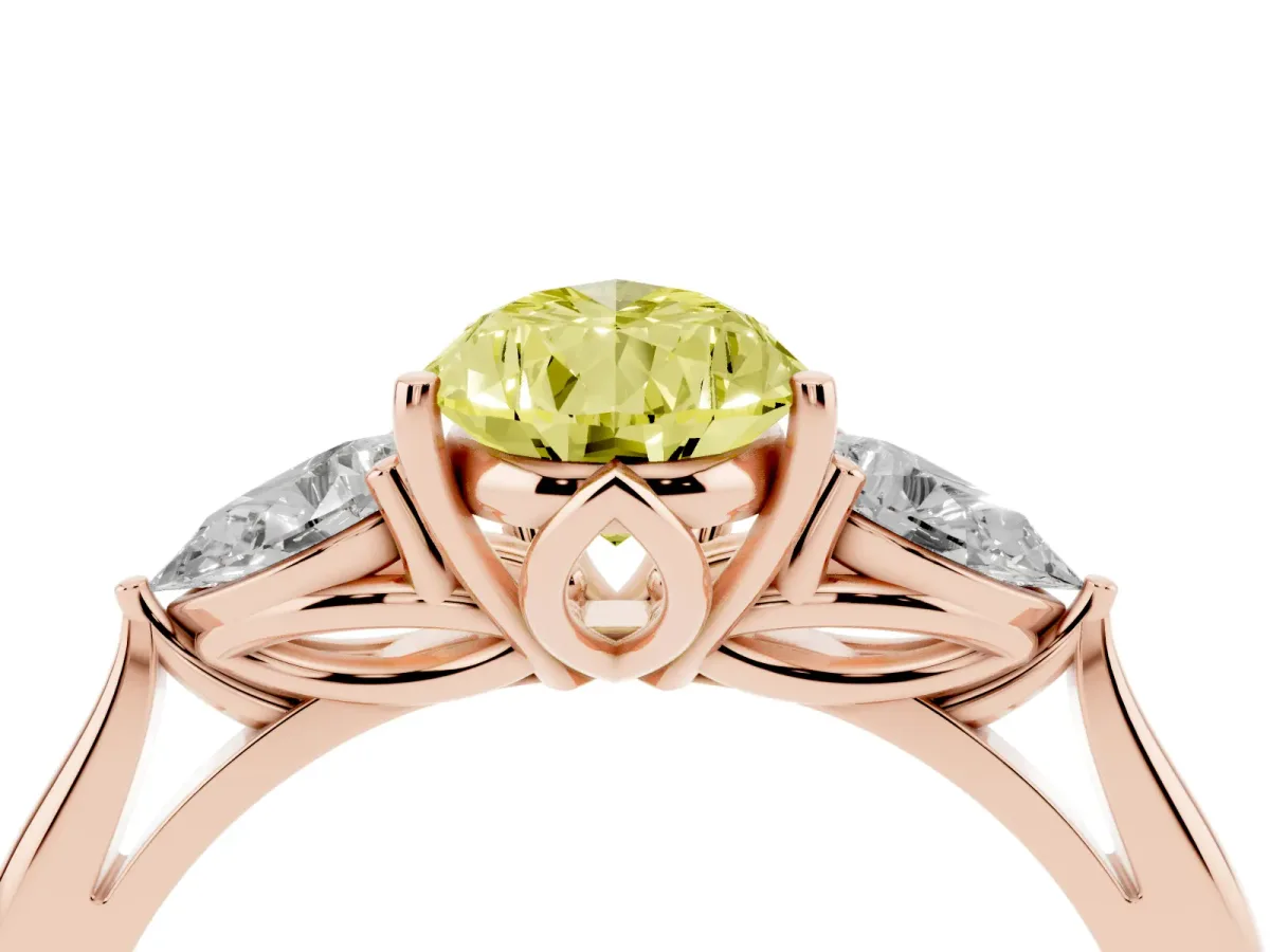 Fancy Yellow Pear Cut Diamond Three-Stone Ring with Pear Side Stones and Prong Setting Rose gold