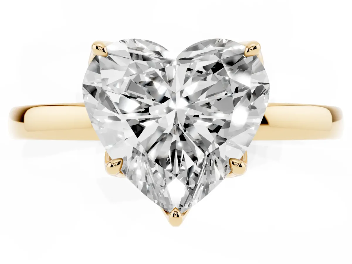Heart Cut Diamond Solitaire Ring with Thin Band and Prong Setting Yellow gold