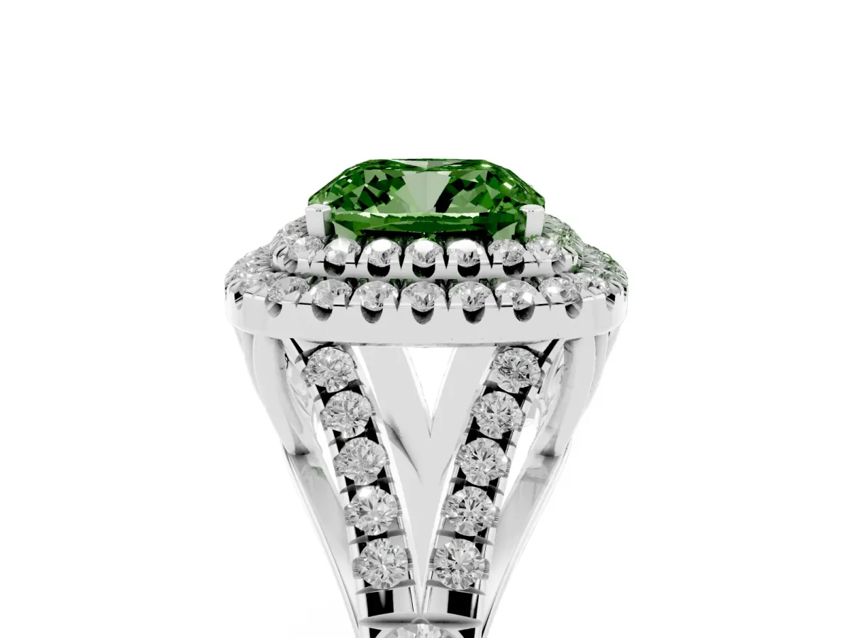 Fancy Green Cushion Cut Diamond Pavé Split Shank Double Halo Engagement Ring Silver