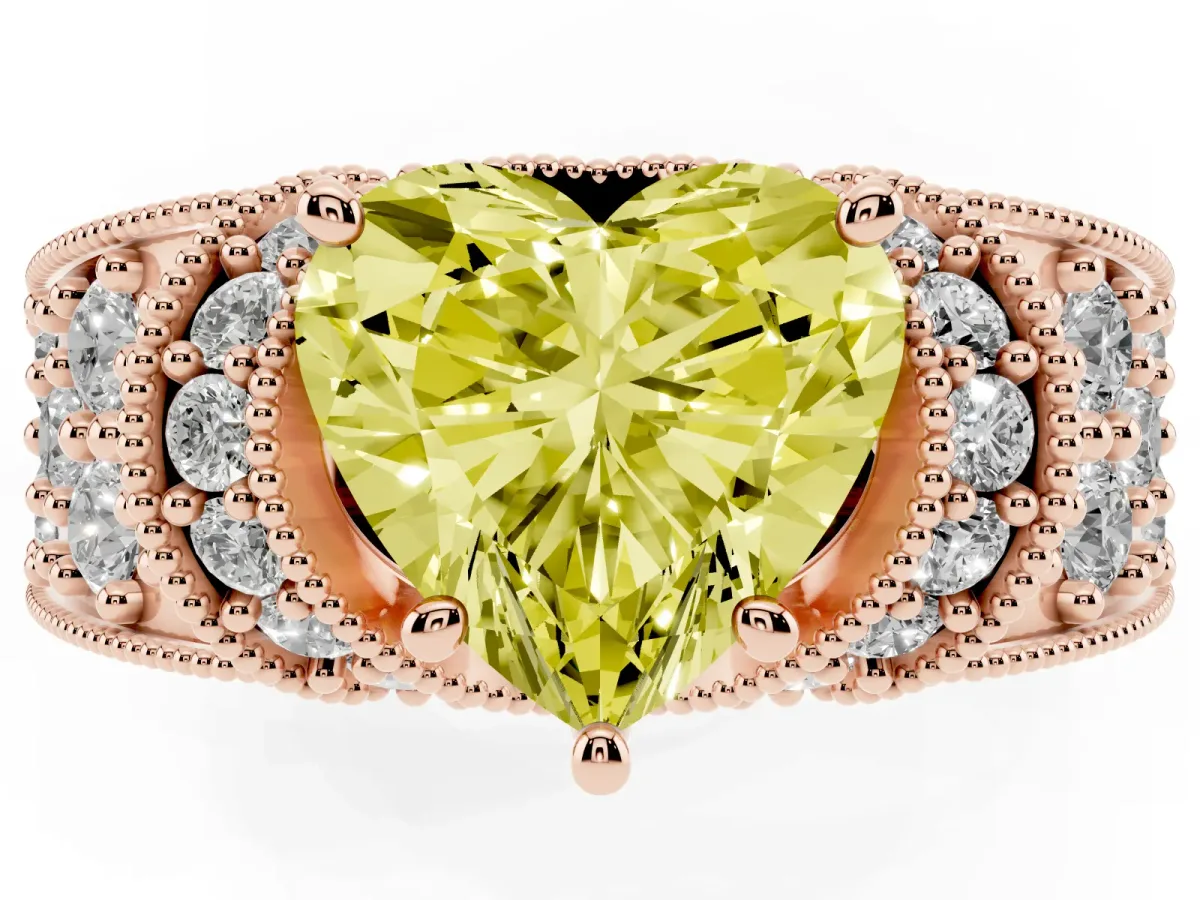 Fancy Yellow Heart Cut Halo Pave Diamond Engagement Ring with Milgrain Detailing Rose gold
