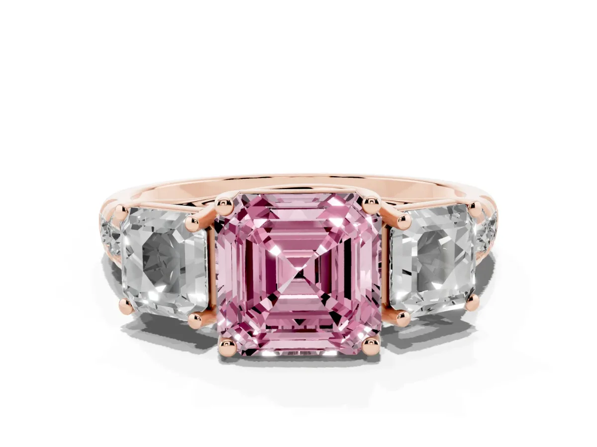 Fancy Pink Three-Stone Asscher Cut Diamond Pavé Band with Prong Setting Rose gold