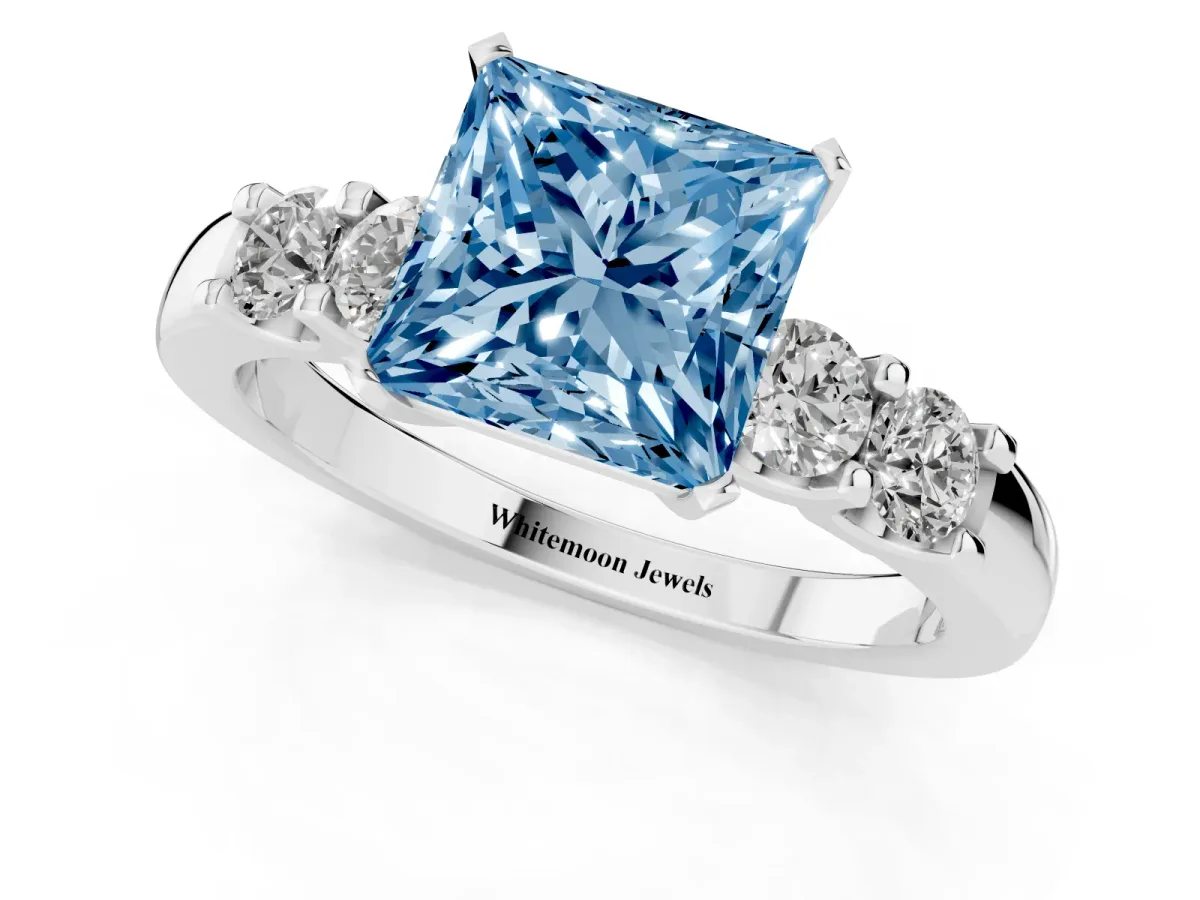 Fancy Blue Princess Cut Brilliant Cut Diamond Five-Stone Prong Set Engagement Ring with Channel Band Silver