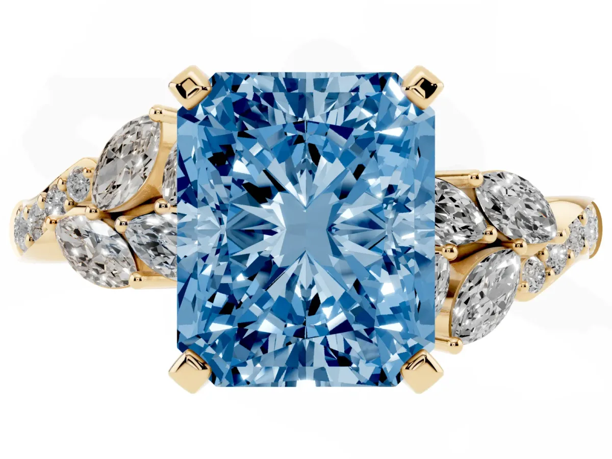 Fancy Blue Radiant Cut Solitaire Marquise Twist Band with Six-Prong Setting Yellow gold