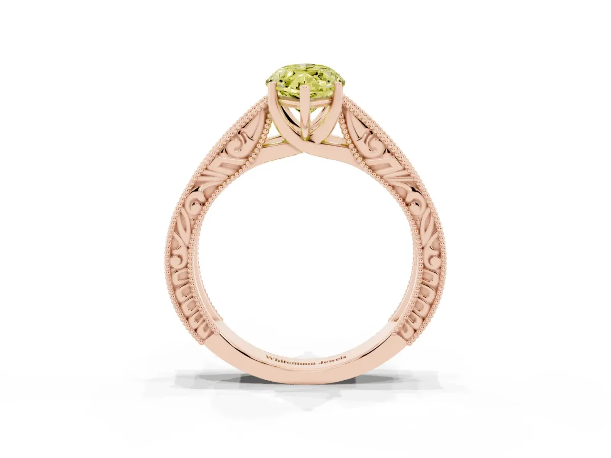 Fancy Yellow Marquise Cut Diamond Solitaire Ring with Engraved Band and Four-Prong Setting Rose gold
