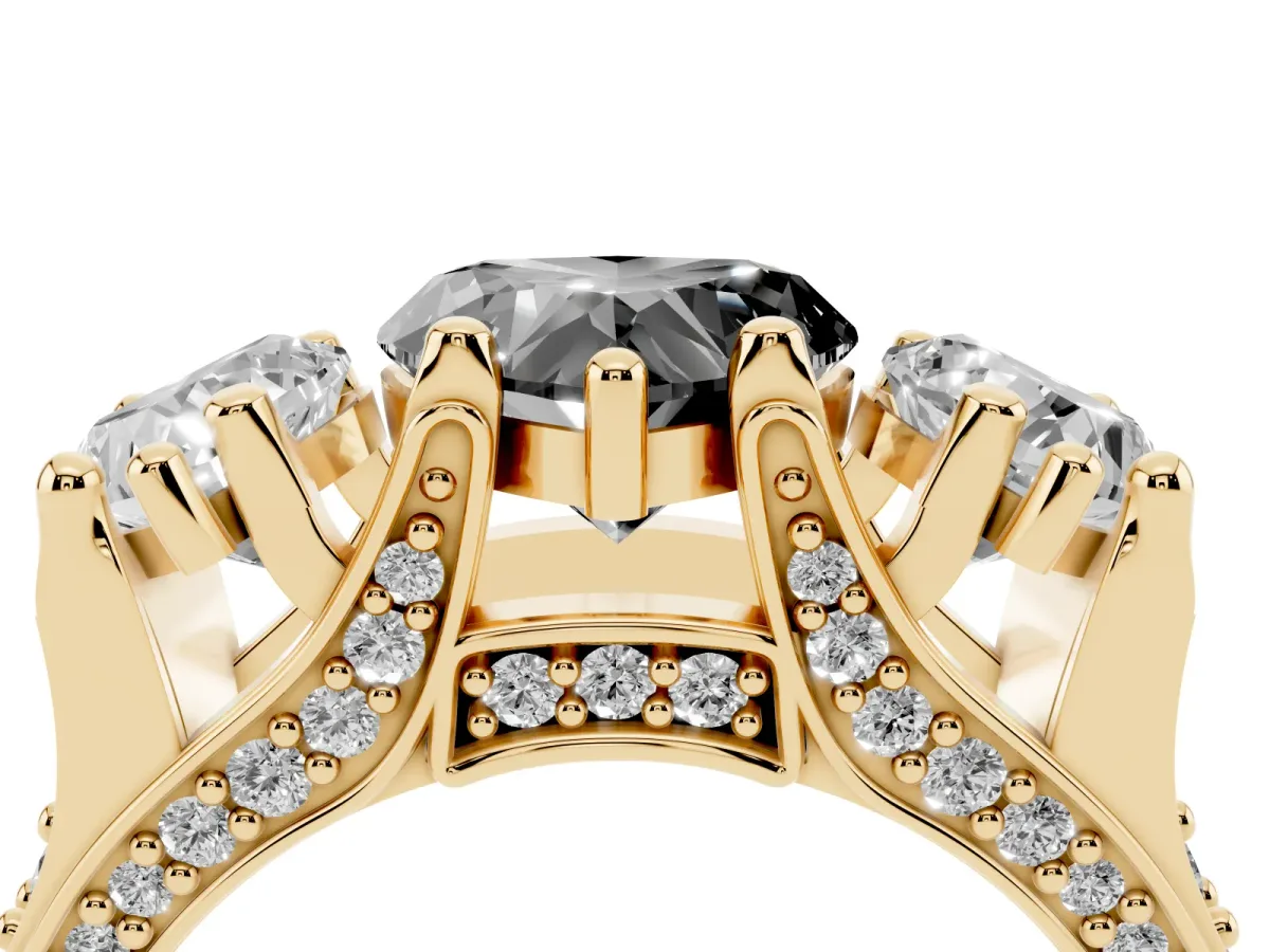 Fancy Black Heart Cut Diamond Three-Stone Ring with Channel Set Band and Four-Prong Setting Yellow gold