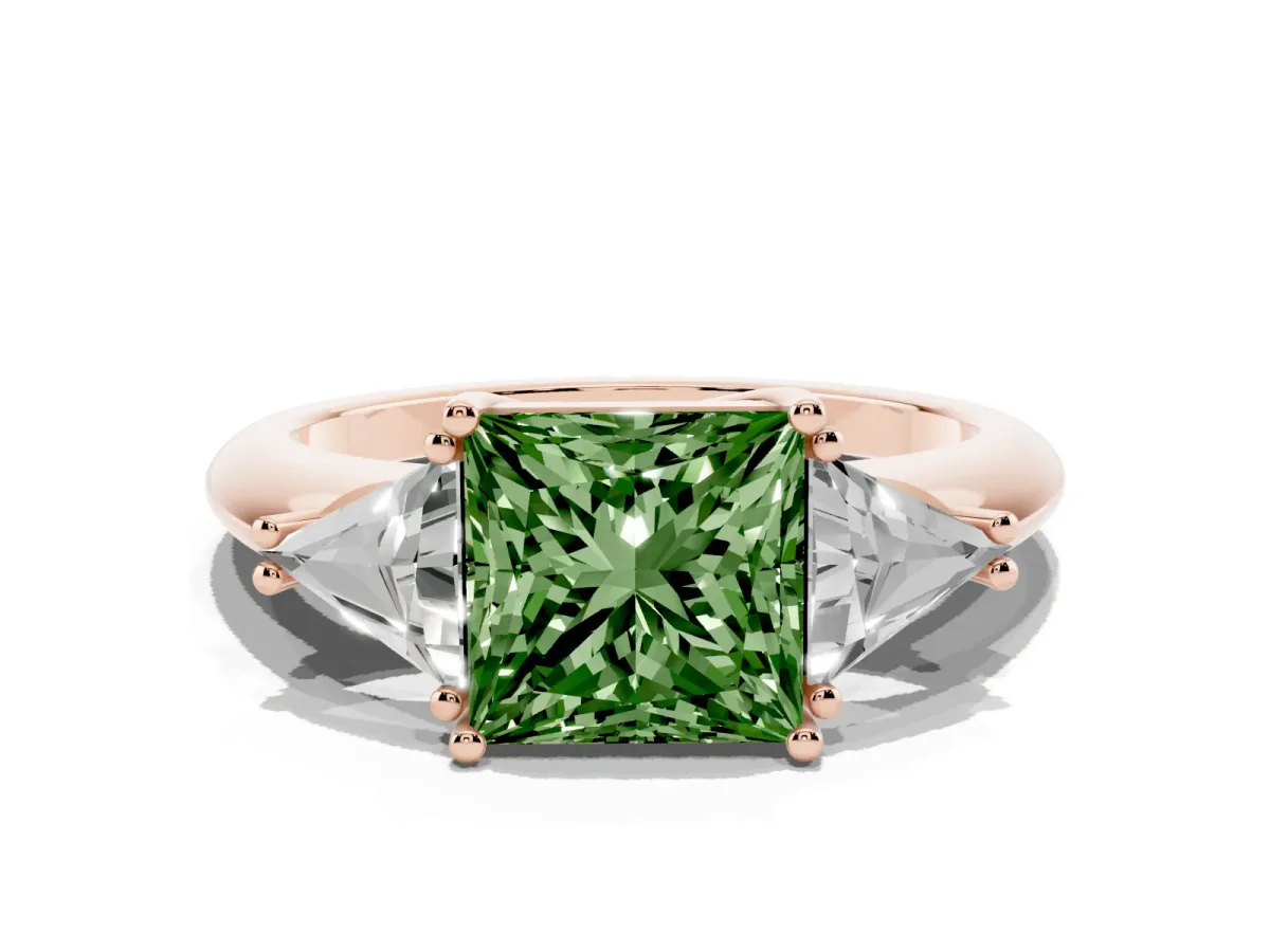 Fancy Green Three-Stone Princess Cut Diamond Engagement Ring with Trillion Side Stones and Prong Setting Rose gold
