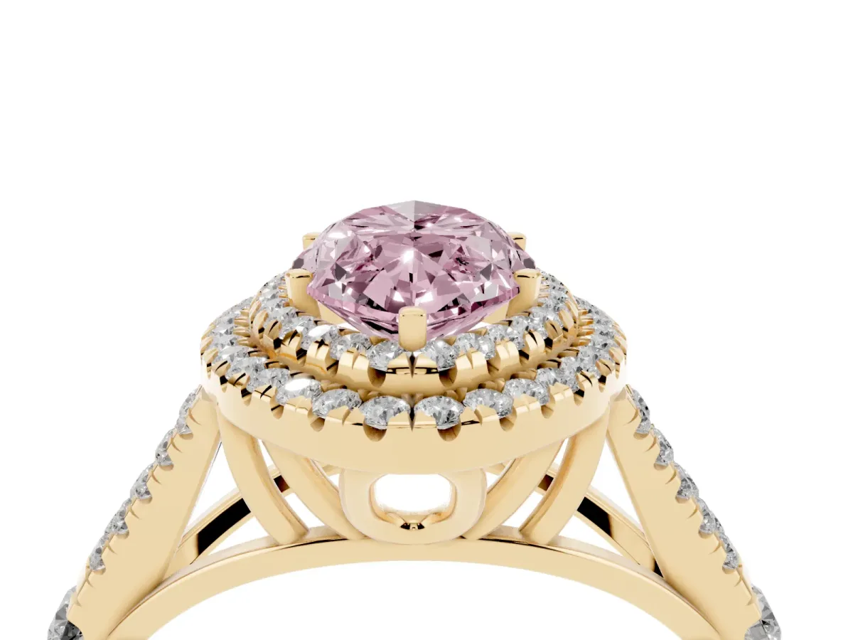 Fancy Pink Marquise Cut Cut Double Halo Split Shank Diamond Ring with Prong Setting Yellow gold