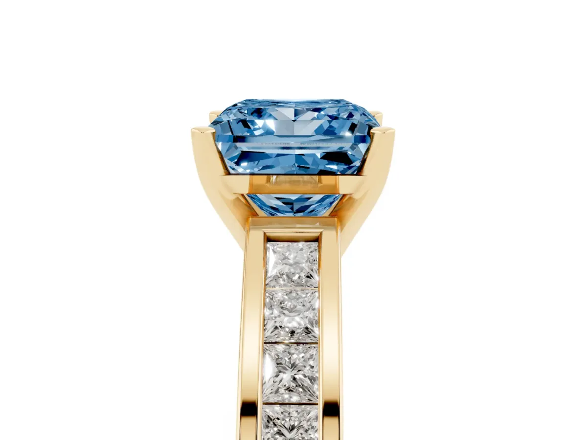 Fancy Blue Princess Cut Solitaire Diamond Ring with Channel-Set Band and Four-Prong Setting Yellow gold