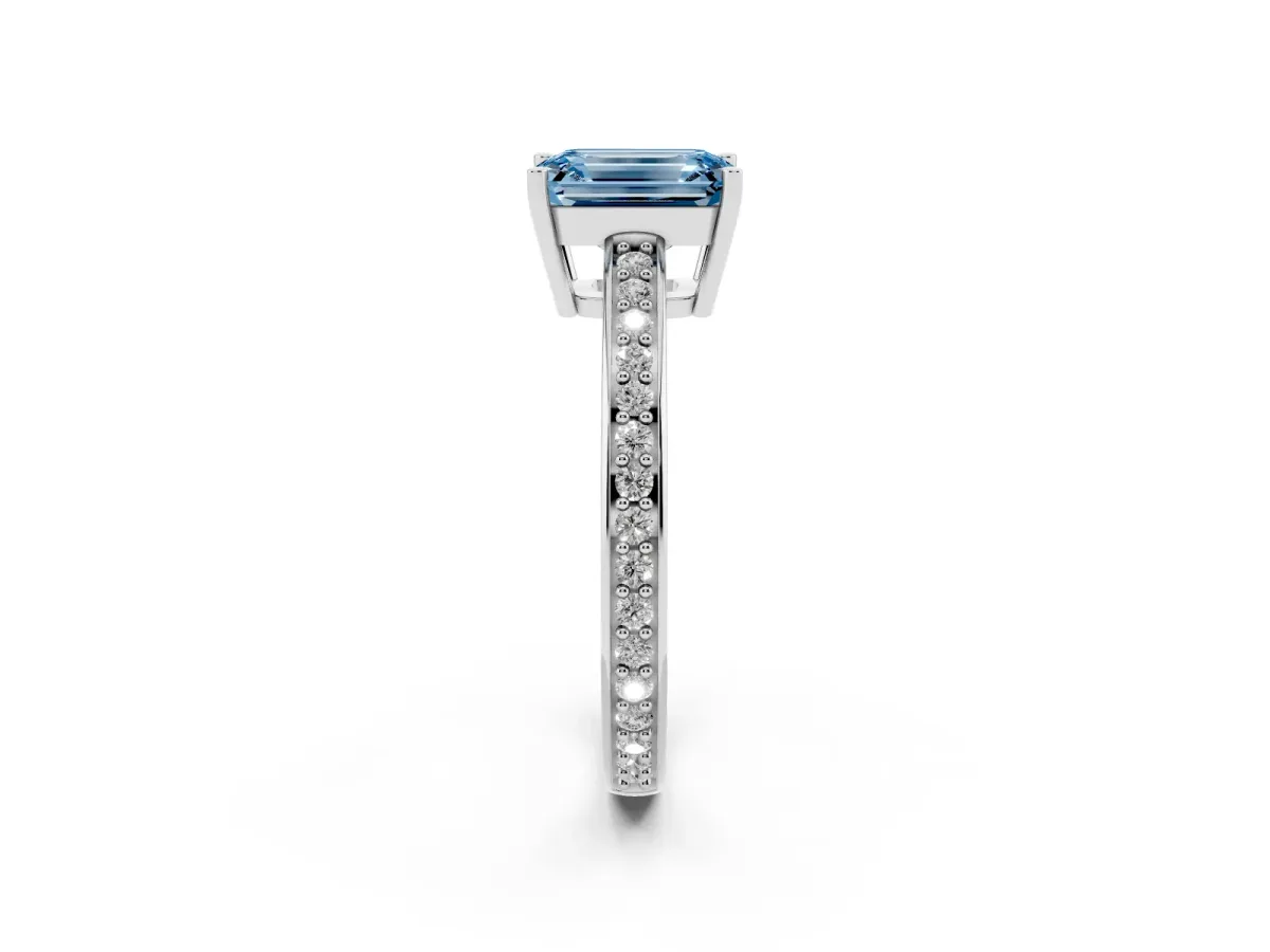 Fancy Blue Emerald Cut Solitaire Pavé Band Prong Setting Ring White gold