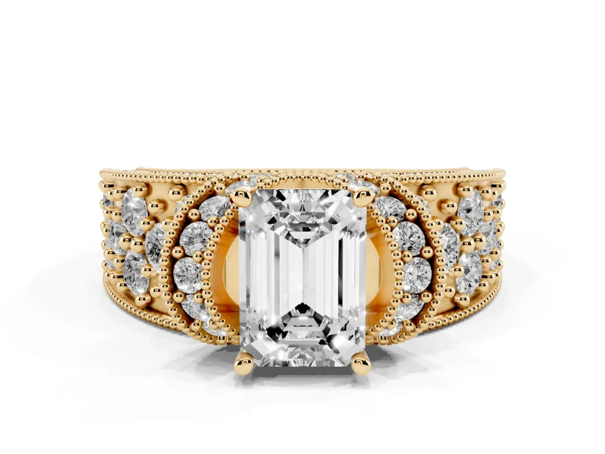 Emerald Cut Halo Pave Diamond Engagement Ring with Milgrain Detailing Yellow gold