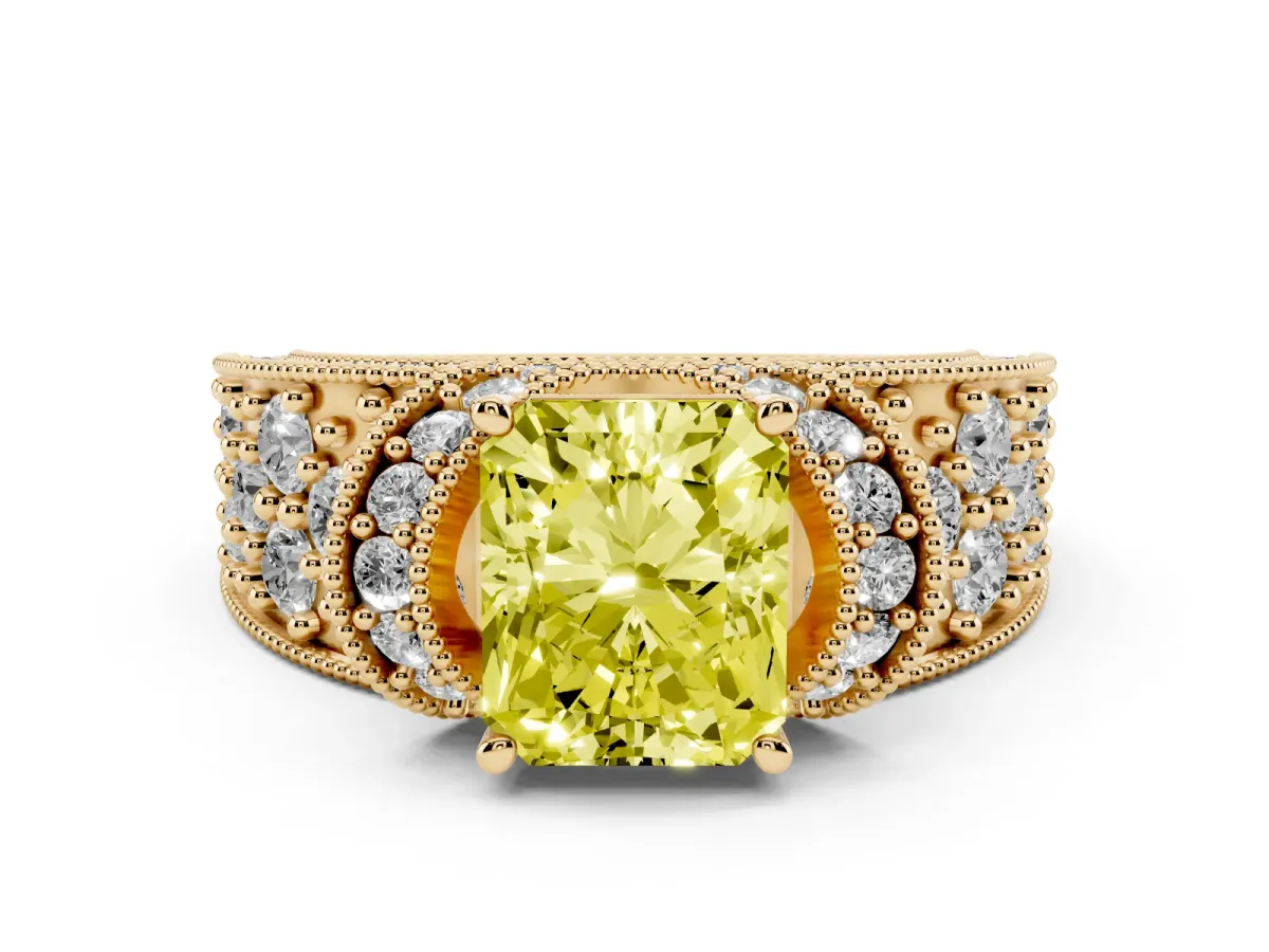 Fancy Yellow Radiant Cut Halo Pave Diamond Engagement Ring with Milgrain Detailing Yellow gold