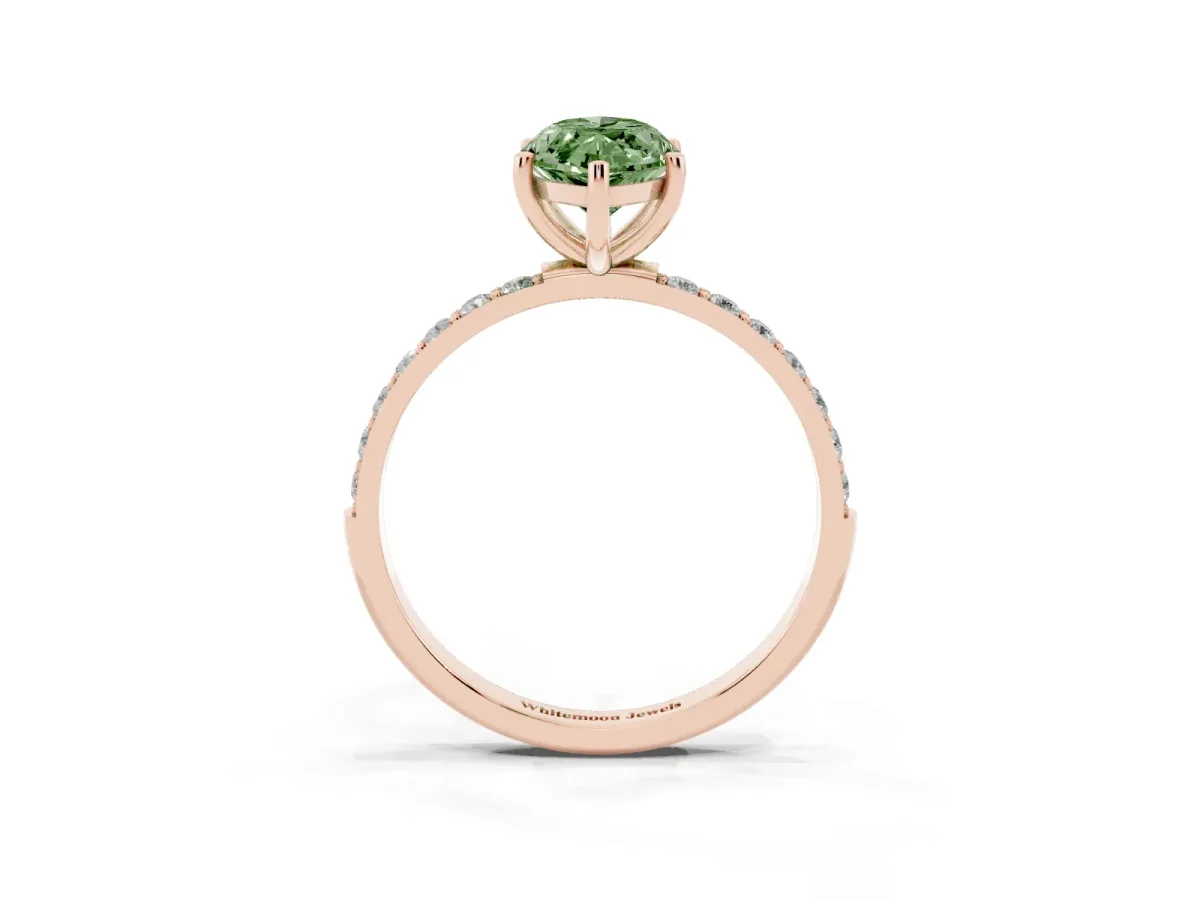 Fancy Green Marquise Cut Diamond Solitaire Ring with Round Pavé Shoulders and Prong Setting Rose gold
