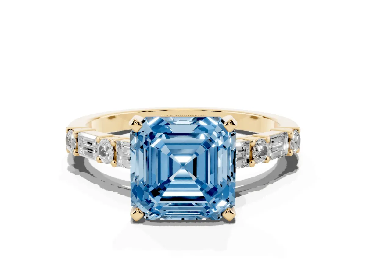 Fancy Blue Asscher Cut Diamond Solitaire with Side Baguettes and Channel Set Band Yellow gold