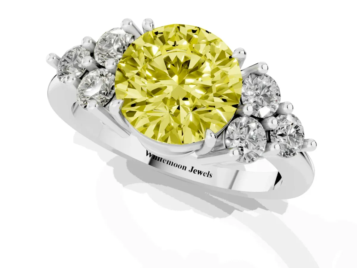 Fancy Yellow Round Cut Brilliant Diamond Cluster Accent Solitaire Ring with Prong Setting White gold
