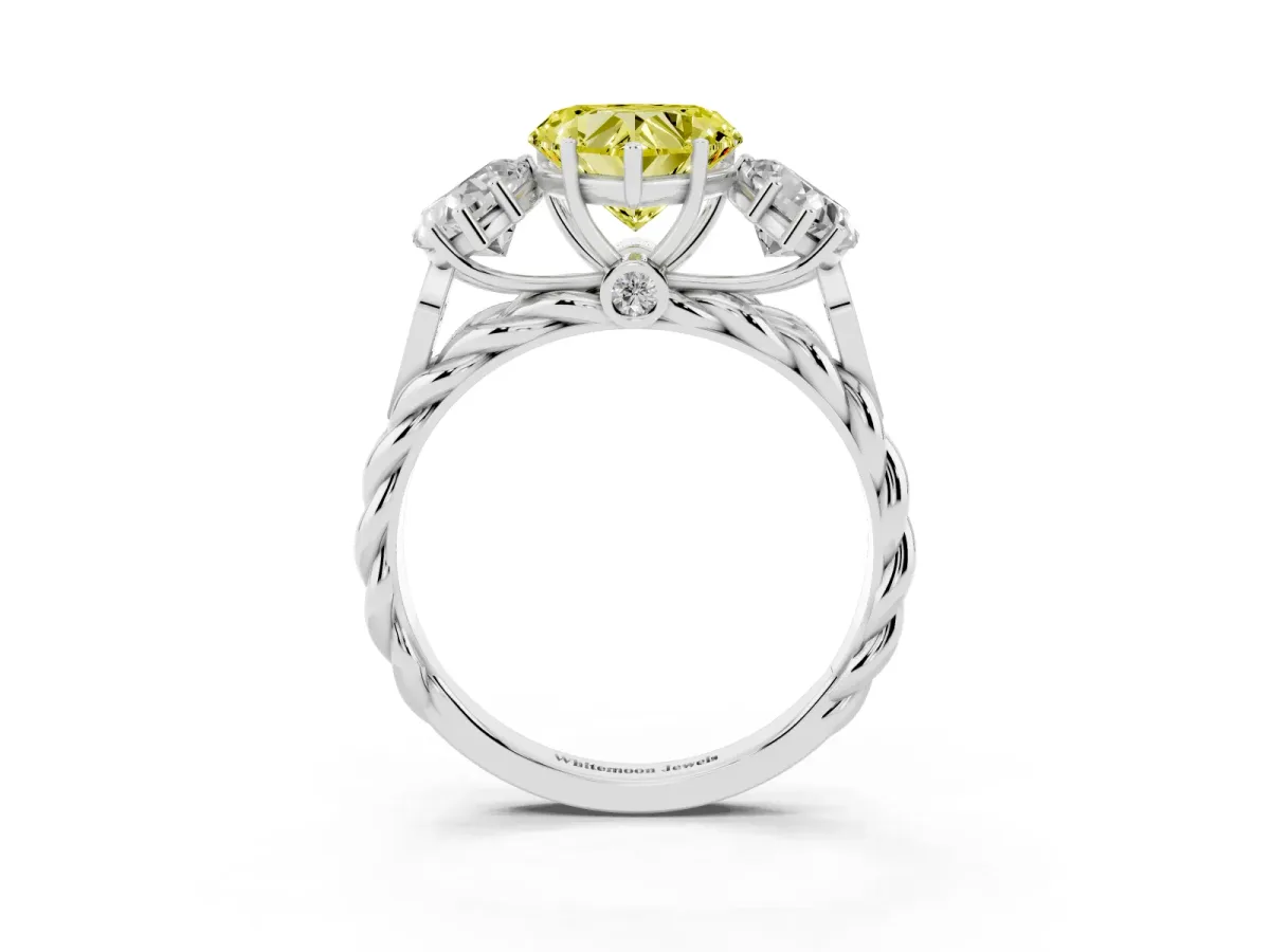 Fancy Yellow Three-Stone Heart Cut Diamond Braided Band Ring with Four-Prong Setting Silver